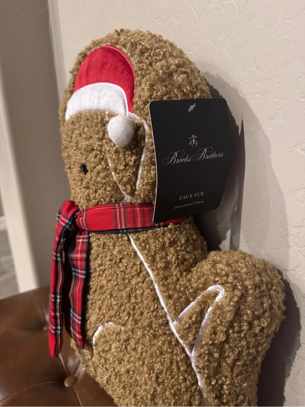 Holiday Plush Dog Pillow with Red Plaid Scarf